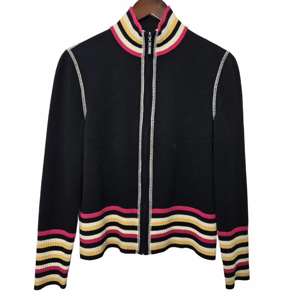 St John Sport Zip Up Cardigan Sweater Small Black Pink White Yellow Trim Knit